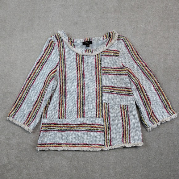 Current Air Boho Striped Fringe Trim Woven Top Small Gray Red Yellow Boxy Knit — photo 2